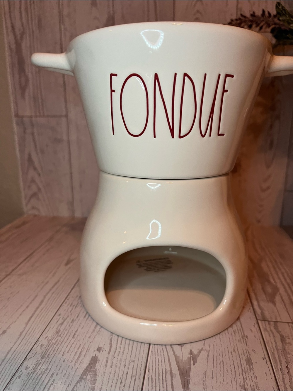 Rae Dunn Cream Ceramic Fondue Pot with Red Lettering NEW